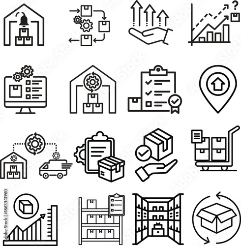 Warehouse Inventory Vector Icon Set | Adjustable Line Weight | Storage, logistics, delivery, packaging, barcode, forklift, shipping, pallet, stock, tracking, management, cargo, supply chain icons