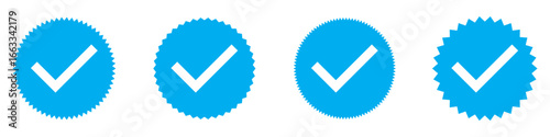 Blue tick mark icon on white background. White tick on blue circle. Set of 4 blue tick mark on isolated white background. EPS 10.  Approve icon set .