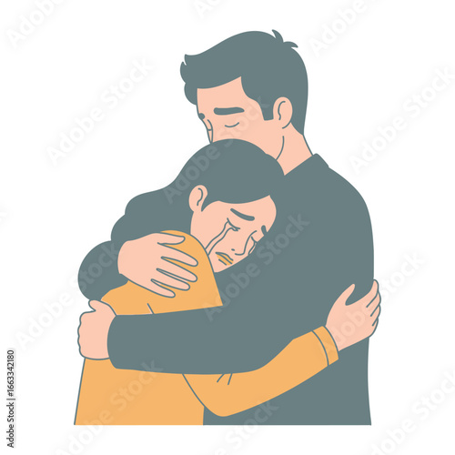 Comforting Embrace: A tender depiction of compassion and solace as a caring individual offers a comforting embrace to another, their expressions conveying deep empathy and emotional support.