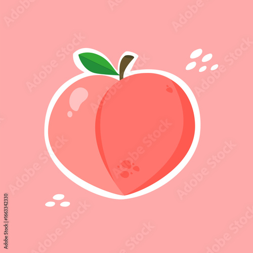 Peach illustration with white outline. Fruit cartoon. Can be used for wallpaper and sticker