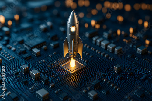 Technological Takeoff: A symbolic rocket blasts off from a high-tech circuit board, igniting a vision of innovation, progress, and future advancement. 