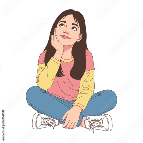Daydreaming Illustration: A young girl with long, brown hair sits cross-legged, her gaze turned upward, as she embraces a moment of serene daydreaming. The image captures a sense of peace, reflection.