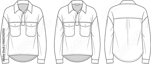 Button-Up Long Sleeve Shirt Technical Sketch, Flap Pocket Blouse Layout, Pleated Back View, Garment Template CAD Drawing Flat Vector Illustration