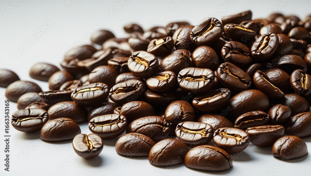 Fototapeta premium A close up studio shot showcases a plentiful heap of roasted coffee beans, displaying their rich, dark brown color and distinct texture on a white surface around them.
