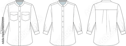 Button-Up Shirt Sketch, Flap Pockets, Three-Quarter Sleeve Layout, Back Pleat Design, Garment Template CAD Drawing Flat Vector Illustration
