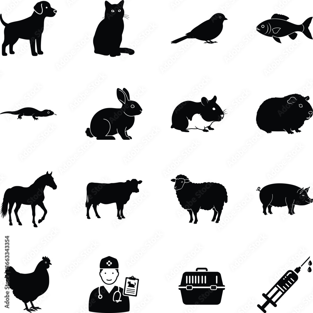 Naklejka premium Veterinary Animals, Health and Care, Vector Pack for Illustrations in Veterinary Practices, Animal Clinics, Pet Hospitals, Professional Environment