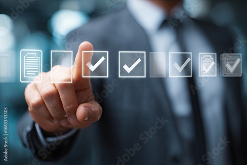 Businessperson digitally checks tasks, indicating completion and process management