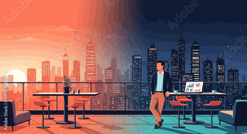 Splitview man on rooftop daynight with cityscape tables laptop chairs