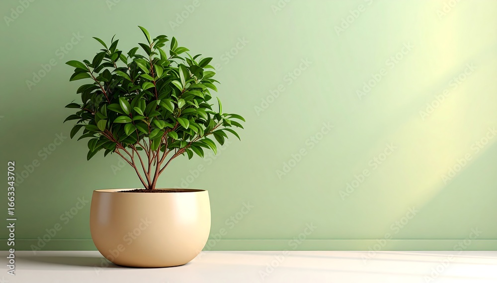 Fototapeta premium Small plant in a light beige pot against a pale green wall.