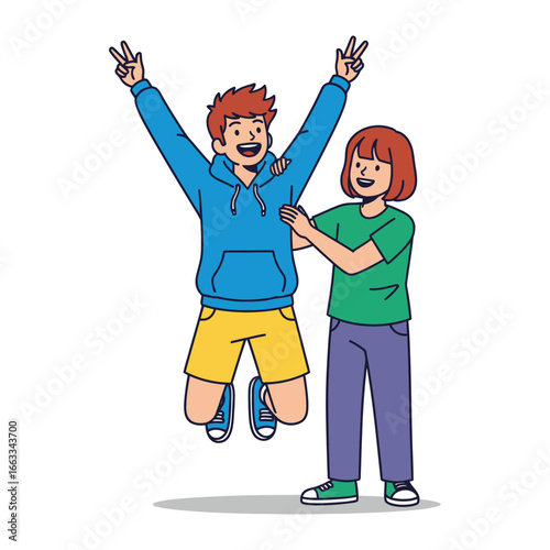 Joyful Togetherness: A dynamic duo celebrating a moment of triumph or camaraderie. The illustrated scene evokes feelings of shared joy and friendship. 