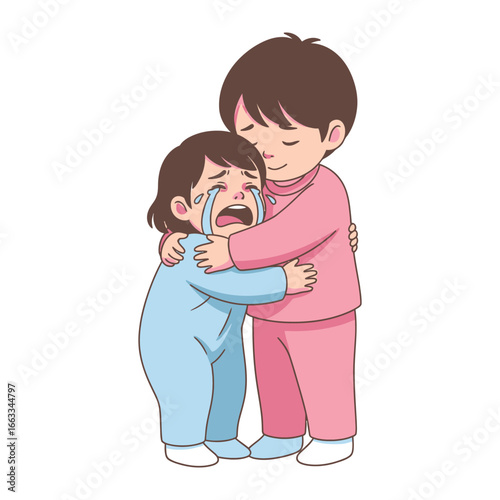 A Brother's Comfort: A compassionate illustration depicts a tender moment of sibling comfort, with one child offering solace to their crying sibling. It's a heartfelt portrayal of familial love.