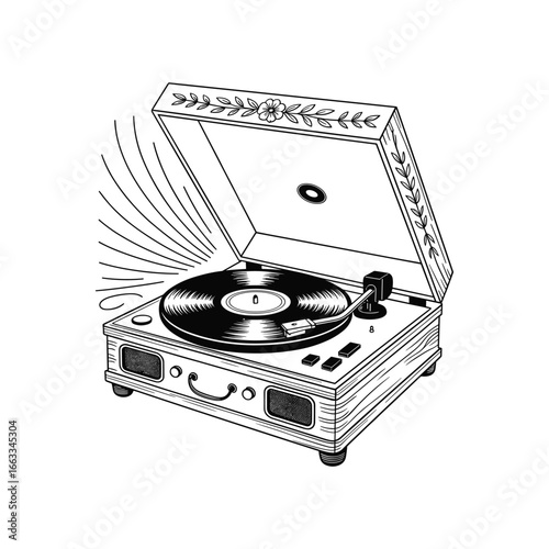 Retro portable record player with spinning vinyl record playing music sound waves emanating from speaker white background
