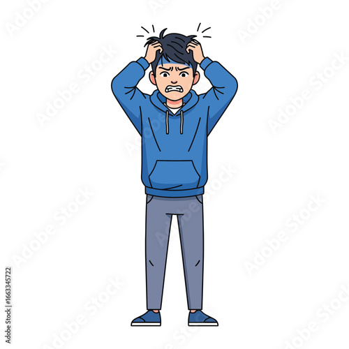 Overwhelmed: A person is depicted in a state of frustration, grasping their head with a look of intense stress, their hair standing on end, conveying the emotional weight of a challenging situation.