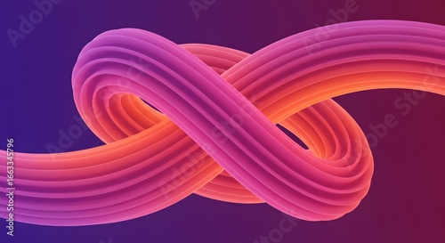 An abstract, flowing knot of vibrant orange and pink tubes against a deep purple to pink gradient background, showcasing smooth curves and a sense of movement