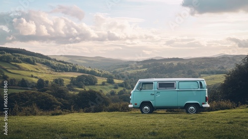 Vintage Campervan parked on a Lush Green Hillside with Rolling Hills Background creating a Serene