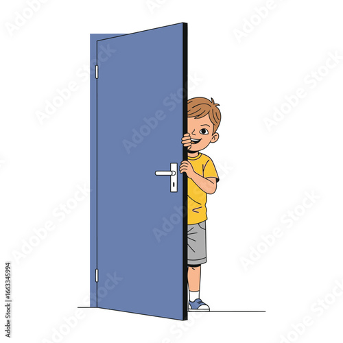 Child's Play: Curiosity and anticipation peek from behind a door. A young child, smiling, playfully hides, suggesting discovery and youthful curiosity. 