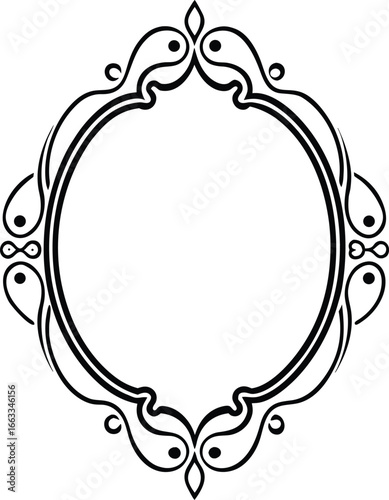 Intricate black vintage frame element features floral swirls and teardrop accents, transparent background
