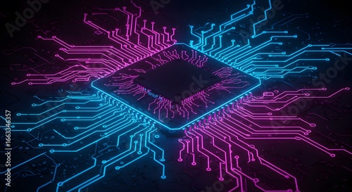 Digital Circuit Board with Neon Blue and Pink Glow, Representing Advanced Technology and Artificial Intelligence