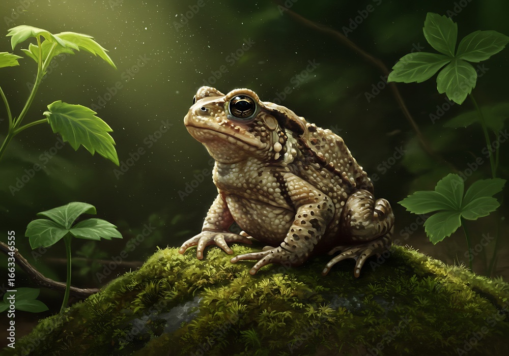 Fototapeta premium American toad sitting on a mossy rock in a forest with sunlight
