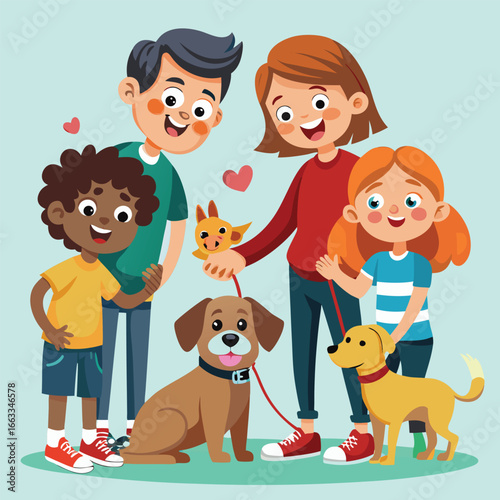 A cheerful illustration of a diverse family, including a boy and girl, with their parents, happily walking with their dogs.