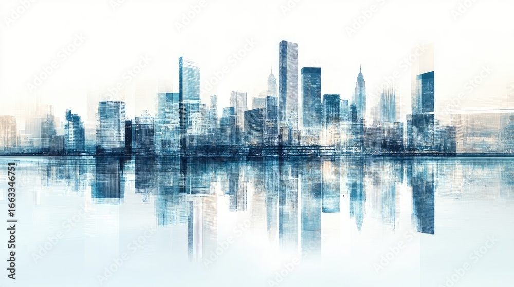 Fototapeta premium Abstract Cityscape Reflection with Blurred Skyline and Calm Waters
