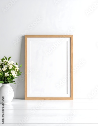 Empty frame on a white surface with flowers