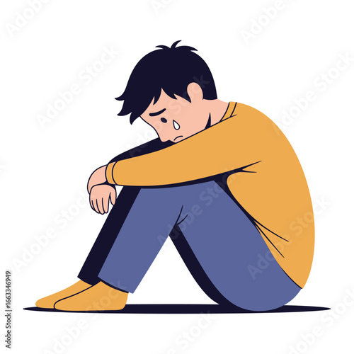 Loneliness and Grief: A stylized illustration depicts a figure lost in solitude, curled up in a posture of distress and weeping, the weight of emotions etched onto the face.
