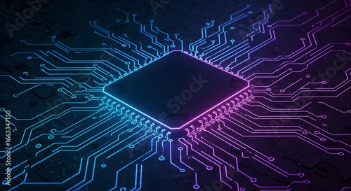 Digital Circuit Board with Glowing Neon Lines, Representing Advanced Technology and Data Flow