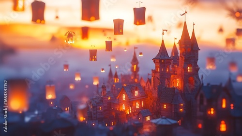 Magical Castle Town at Sunset with Floating Lanterns, Warm Light, and Atmospheric Haze