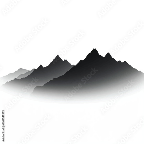 A minimalist black mountain range, sharply rising against a stark white background, its peaks mirrored flawlessly on a tranquil, glass-like surface below—evoking serenity and strength.