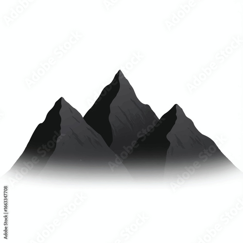 A minimalist black mountain range, sharply rising against a stark white background, its peaks mirrored flawlessly on a tranquil, glass-like surface below—evoking serenity and strength.