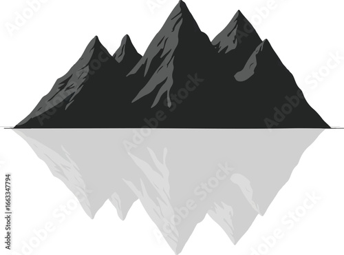 A minimalist black mountain range, sharply rising against a stark white background, its peaks mirrored flawlessly on a tranquil, glass-like surface below—evoking serenity and strength.