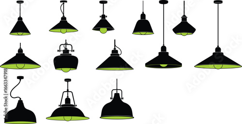 Hanging light fixture set, industrial pendant lamps, black and green design, CAD drawing, vector illustration, interior lighting, modern decor