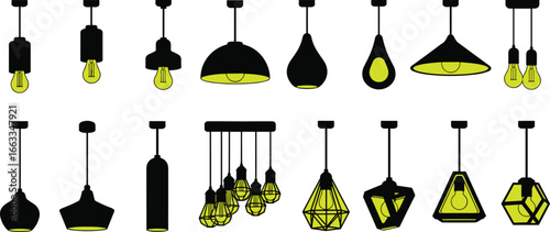 Hanging light fixture set, green glowing bulbs, geometric and modern styles, CAD drawing, vector illustration, interior lighting, home decor