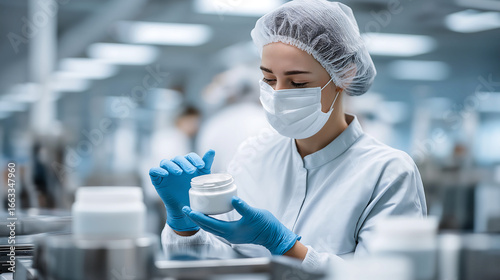 A young woman factory worker in gloves holding plastic jar filling it with white face or body cream in modern factory. Beauty skincare, Production and packaging of cosmetics product concept