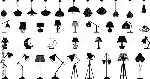 Lamp silhouette vector set, pendant, desk, floor, table, novelty lamps, geometric and decorative designs, CAD drawing, interior lighting