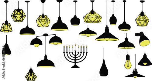 Light fixture collection, chandelier, pendant, wall lamp styles, yellow glow accents, CAD drawing, vector illustration, interior lighting, decor