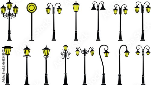 Street lamp collection, urban lighting vector, ornate pole silhouettes, CAD drawing, scalable illustration, city infrastructure, vintage lanterns, decorative lights