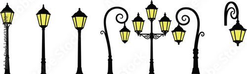 Street lamp vector set, urban lighting design, black pole silhouettes, flat CAD drawing, scalable illustration, city infrastructure elements, decorative lights