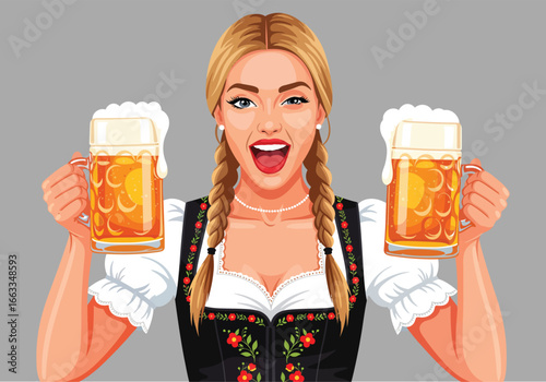 Cheerful Blonde Woman in Dirndl Celebrates Oktoberfest Holding Two Foaming Beer Steins Enthusiastically