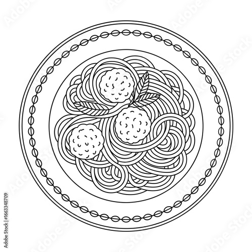 Line art illustration of spaghetti and meatballs on a plate