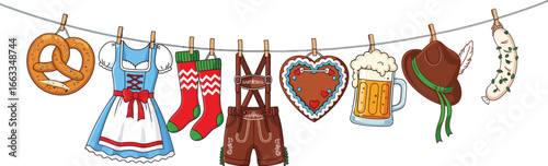 Oktoberfest Celebration Banner Featuring Traditional Bavarian Elements and Festive Icons Drying on a Clothesline