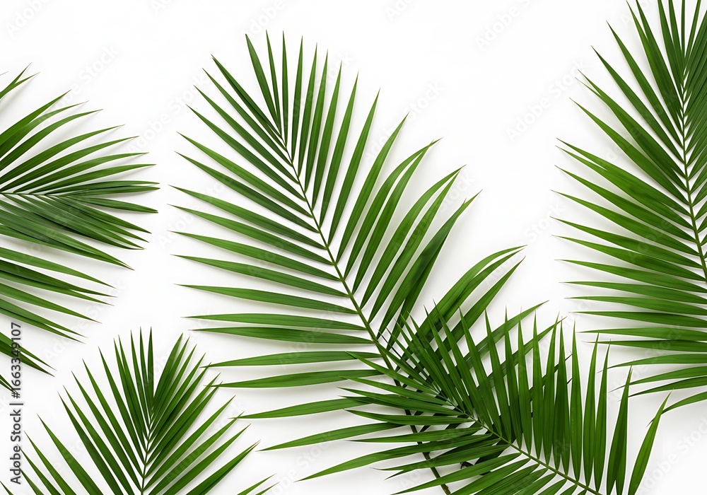 Obraz premium Green palm leaves isolated on white background, a tropical summer concept