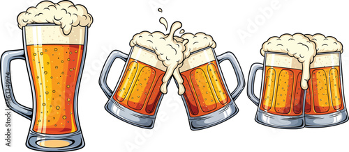 Golden Foamy Beer Mugs Clinking Toast Celebration Festive Drinkware Illustration