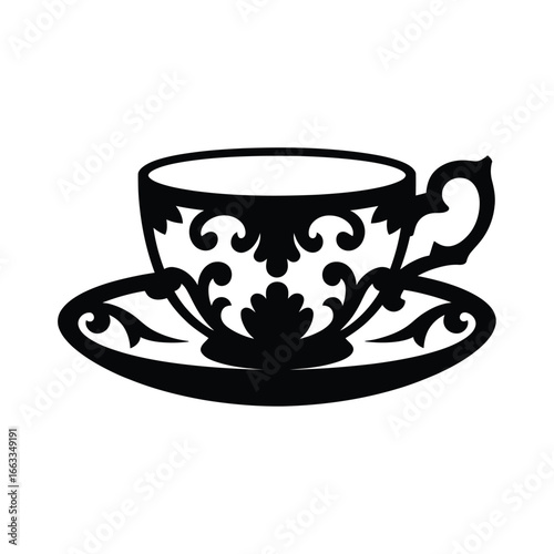 Elegant Teacup and Saucer Silhouette with Intricate Floral Design