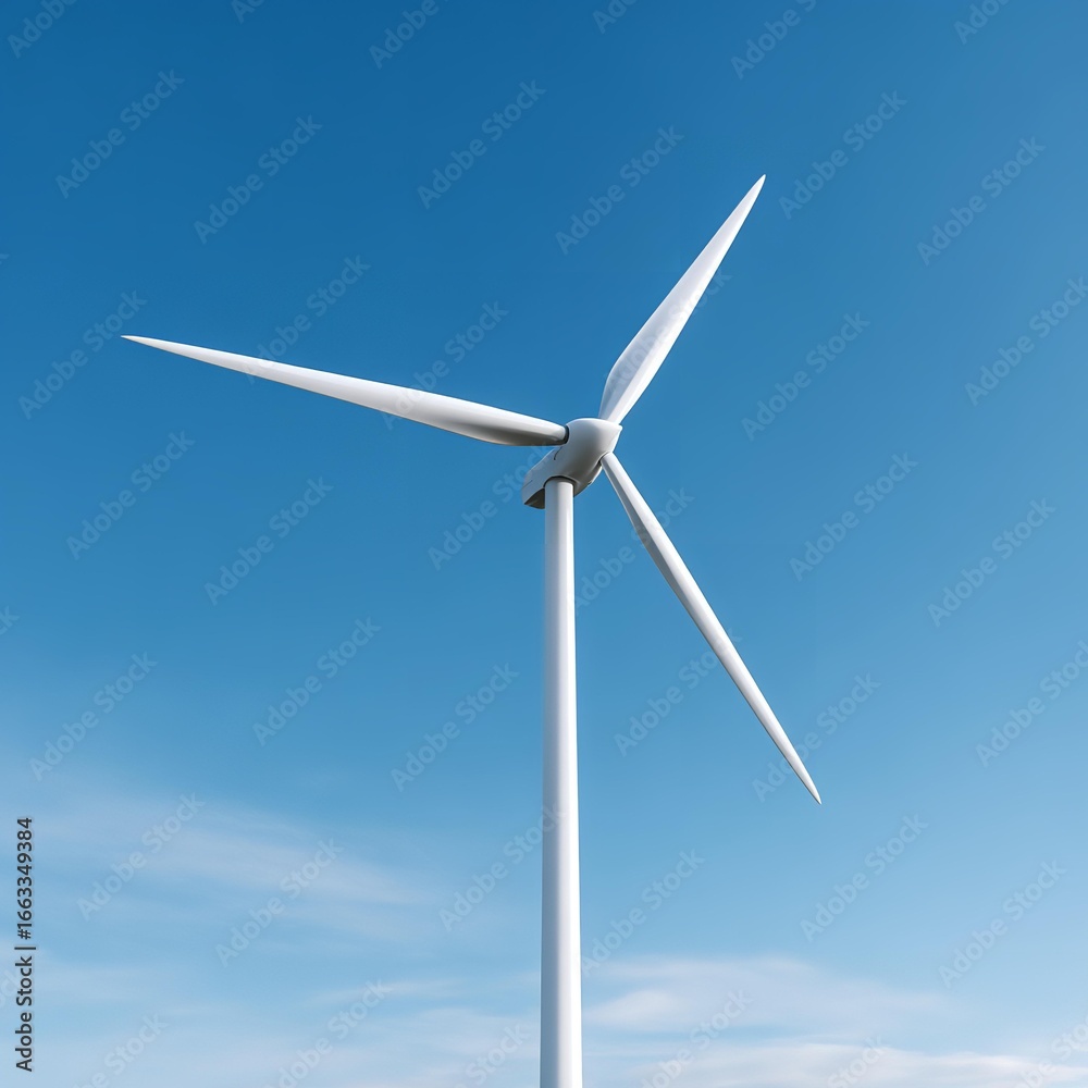 Wind turbine stands tall against a clear blue sky showcasing renewable energy technology Wind turbine stands tall against a clear blue sky showcasing renewable energy technology