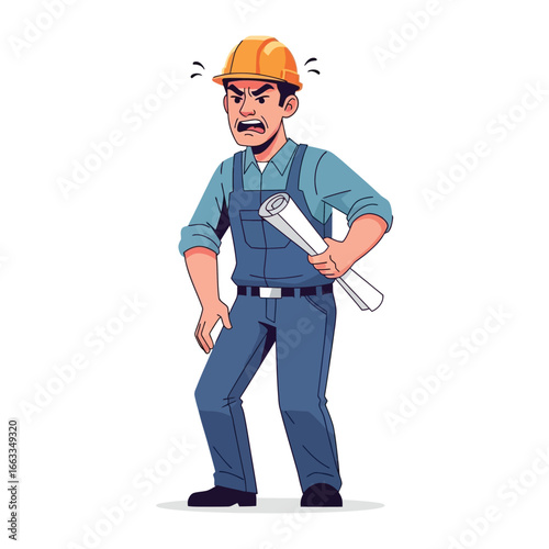 Frustrated Builder with Blueprint: A construction worker is depicted in a moment of exasperation, holding a blueprint and showcasing his visible frustration through facial expressions.