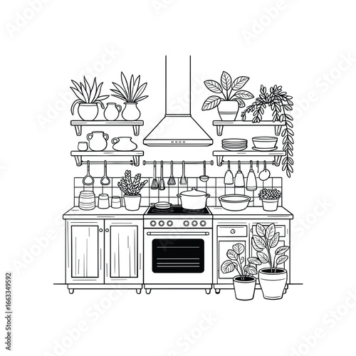 Hand-drawn sketch of a cozy kitchen scene with plants and a range hood featuring shelving white background