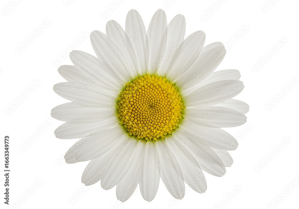 Fototapeta premium White daisy flower isolated on white background, blooming chamomile head with yellow center, fresh spring marguerite blossom
