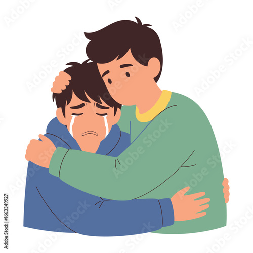 Comfort and Empathy: A touching illustration capturing the bond between two individuals. One is visibly expressing sorrow, while the other offers a comforting embrace, symbolizing support.